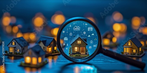 Magnifying glass over house models with digital icons.