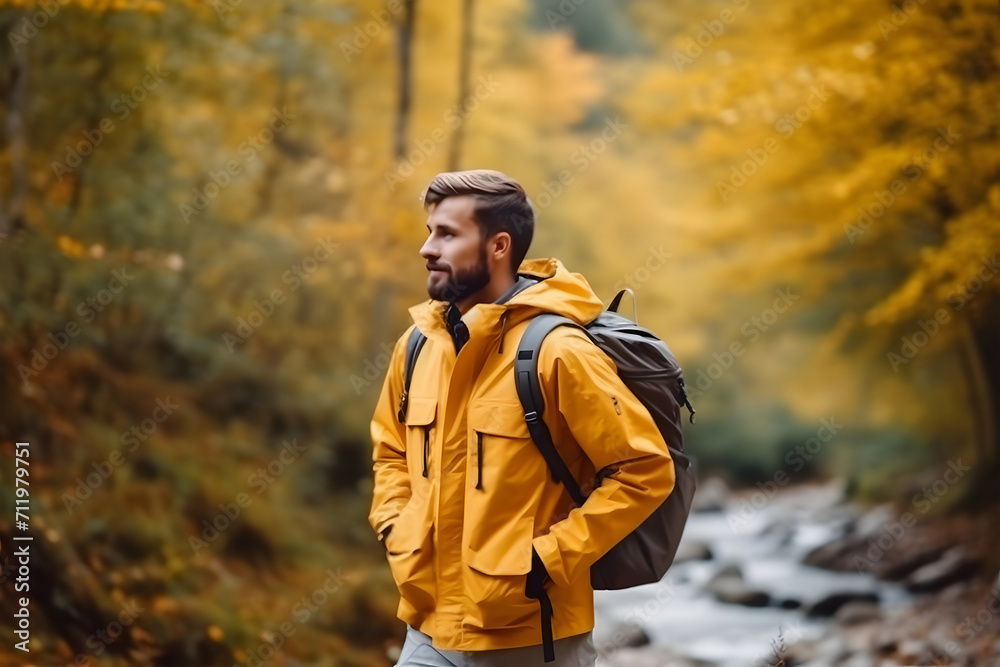 heart of an enchanting forest, a daring adventurer stands tall. Clad in a vibrant yellow jacket and carrying a backpack heart of an enchanting forest, a daring adventurer stands tall. Clad in a vibrant yellow jacket and carrying a backpack