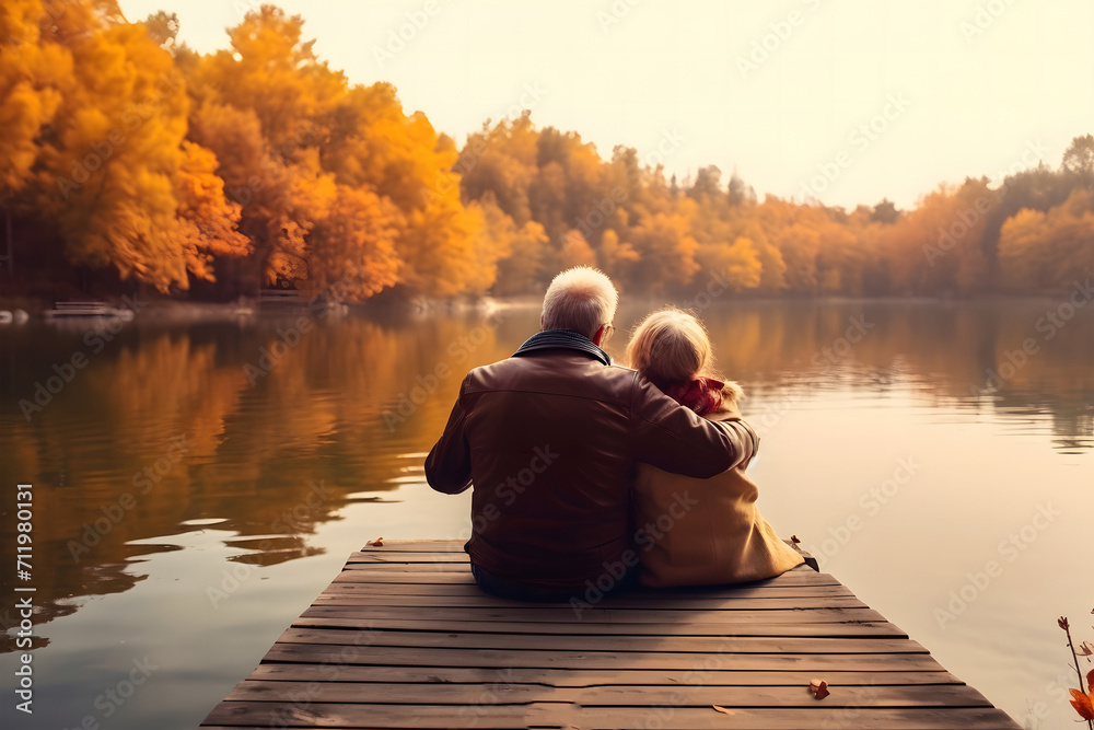 elderly couple sits closely together on a wooden dock, overlooking a calm lake surrounded by trees adorned with autumn leaves. elderly couple sits closely together on a wooden dock, overlooking a calm lake surrounded by trees adorned with autumn leaves.