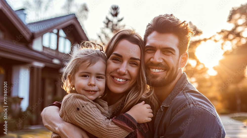 Beautiful family portrait smiling outside their new house with sunset Beautiful family portrait smiling outside their new house with sunset