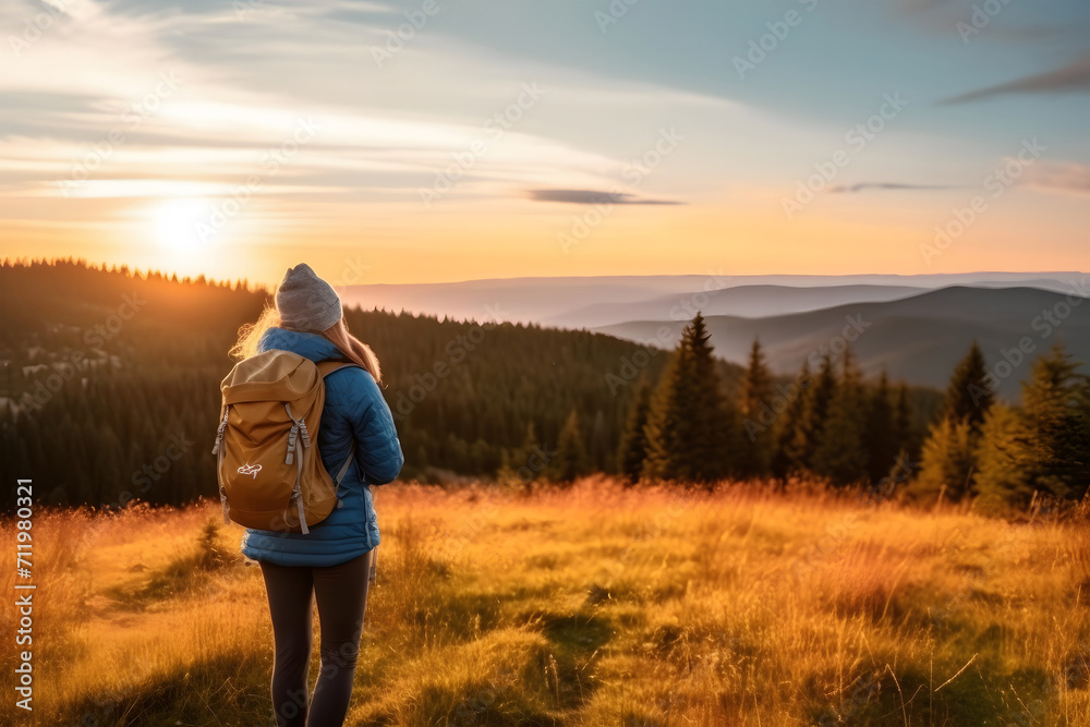 lone traveler stands amidst tall grass, facing rolling hills and majestic mountains. The warm light of either sunrise or sunset bathes the landscape in golden hues