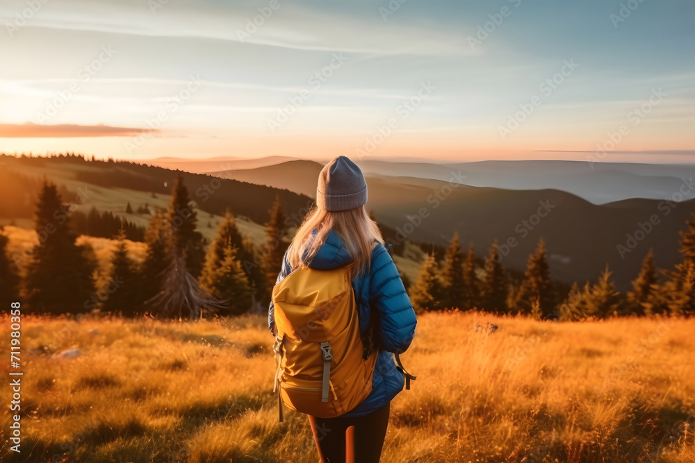 lone traveler stands amidst tall grass, facing rolling hills and majestic mountains. The warm light of either sunrise or sunset bathes the landscape in golden hues lone traveler stands amidst tall grass, facing rolling hills and majestic mountains. The warm light of either sunrise or sunset bathes the landscape in golden hues