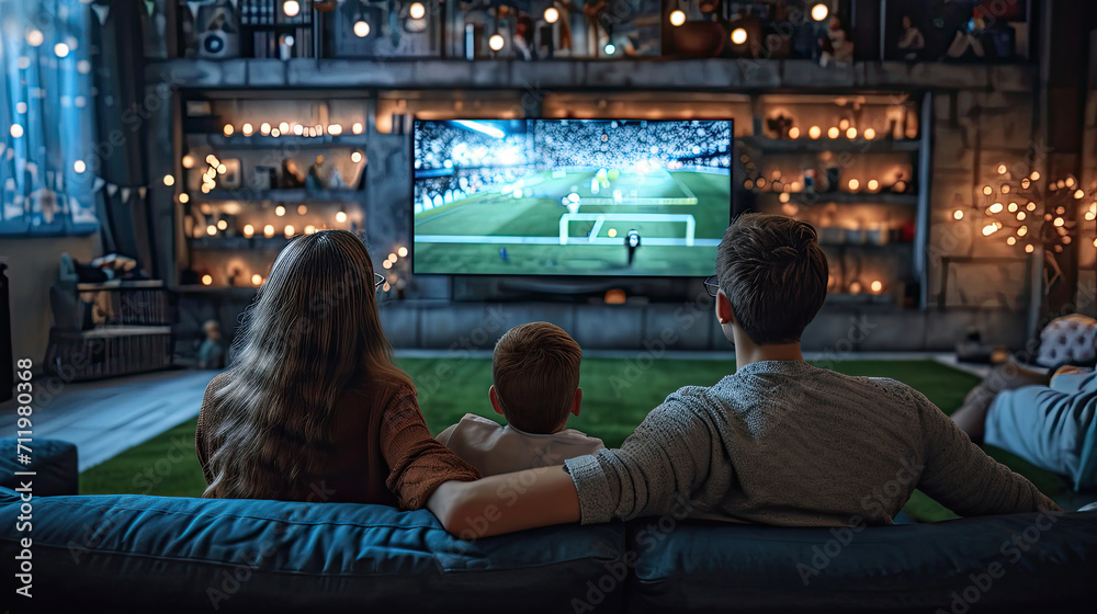 Caucasian family watching tv with football match on screen. Global sport concept, digital composite image.