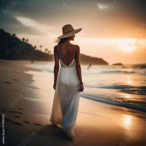 Mujer con un vestido blanco largo y un sombrero, caminando por la arena de una playa junto al mar con una bonita puesta de sol
