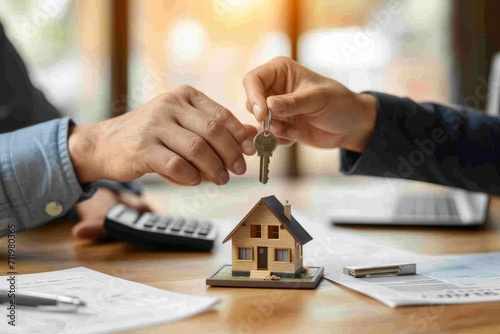 Key handover with a model house on the table.