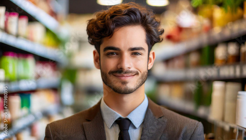 Portrait of handsome young man standing in cosmetics store and looking at camera