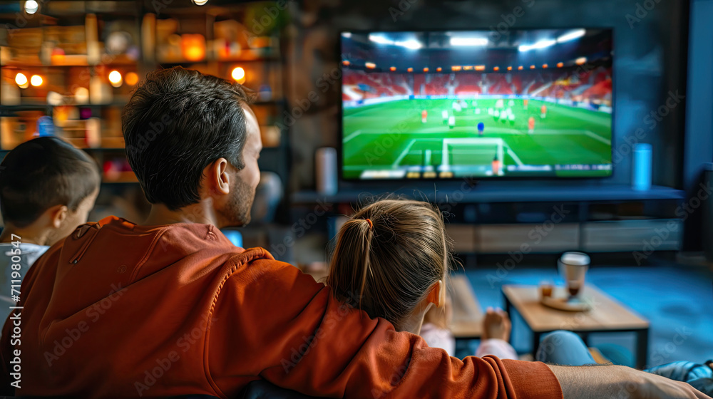 Caucasian family watching tv with football match on screen. Global sport concept, digital composite image.