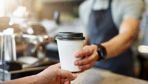 Coffee to go in hand of barista in coffee shop photo