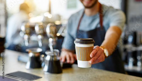Coffee to go in hand of barista in coffee shop