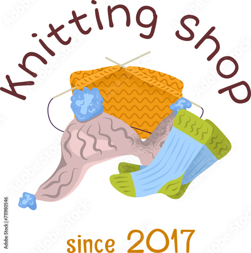 Handmade knitting shop logo with colorful wool socks, yarn, and needles. Cozy craft store emblem since 2017. Crafting and homemade goods vector illustration.