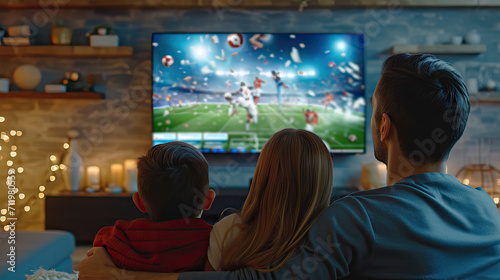 Caucasian family watching tv with football match on screen. Global sport concept, digital composite image.