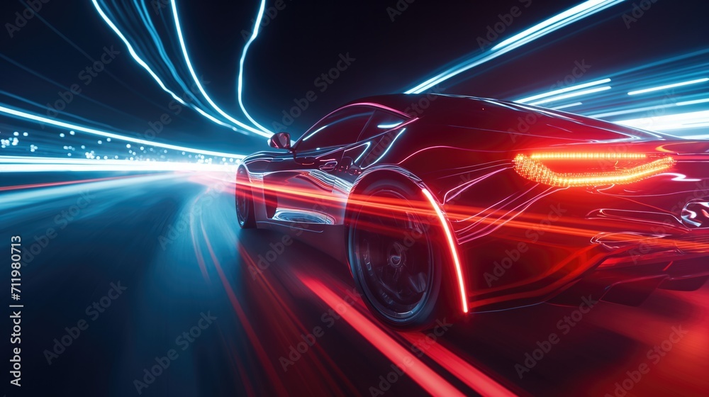 Futuristic car in movement with lights on the road at night time. Timelapse of night driving on illuminated streets.