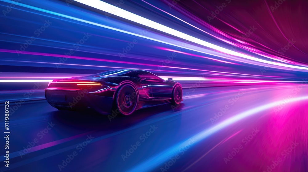 Futuristic car in movement with lights on the road at night time. Timelapse of night driving on illuminated streets.