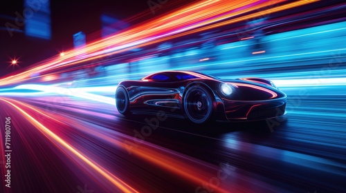 Futuristic car in movement with lights on the road at night time. Timelapse of night driving on illuminated streets. © Pro Hi-Res