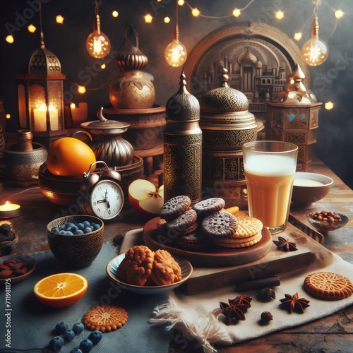 Ramadan Kareem greeting card. Traditional cookies, milk and food on wooden table. Ramadan kareem, eid mubarak, muslim and eid fitr concept. photo