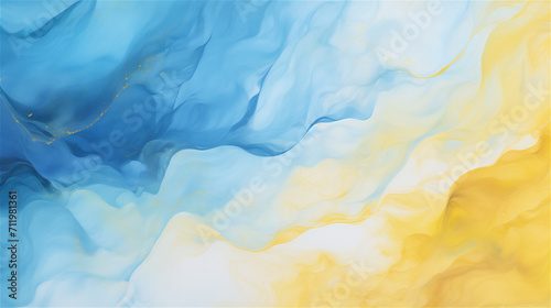 Marbled Elegance with Golden Veins : Blue and yellow gradient watercolor texture wave background
