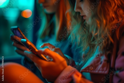 Close-up of two young women using mobile phone while sitting in bus