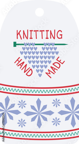 Knitting tag design with heart shapes, snowflakes, and text. Craft label for handmade items with winter theme. Crafting, homemade product tag vector illustration.