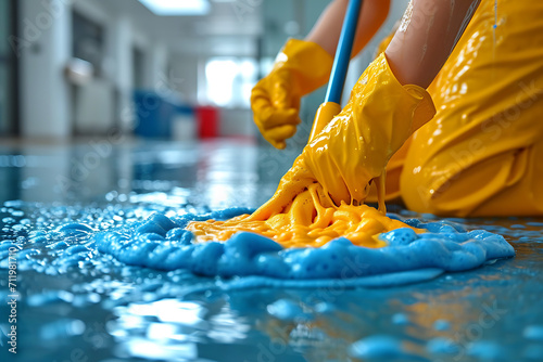 hands of a woman in rubber gloves who cleans the floor with foam, cleaning company employee at work, cleaning agency concept 