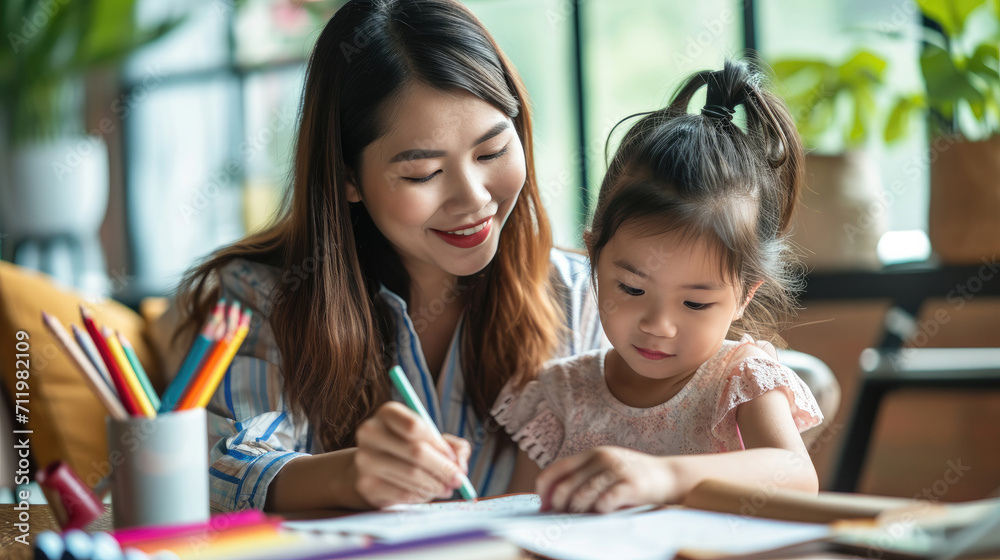 Happy asian young mother smile with daughter in living room at home. Asian young mother teaching small daughter to drawing reading and writing to develop her daughter skill. Home School Concept Happy asian young mother smile with daughter in living room at home. Asian young mother teaching small daughter to drawing reading and writing to develop her daughter skill. Home School Concept