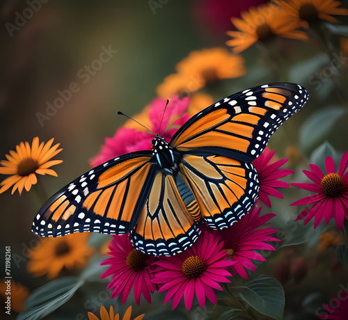 Butterfly on a violet flower. Two monarch butterflies feeding on a pink cone flower. butterfly on flower summer background generatve Ai