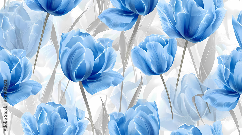 Blue Tulips with a White and Silver Background seamless pattern - obrazy, fototapety, plakaty 