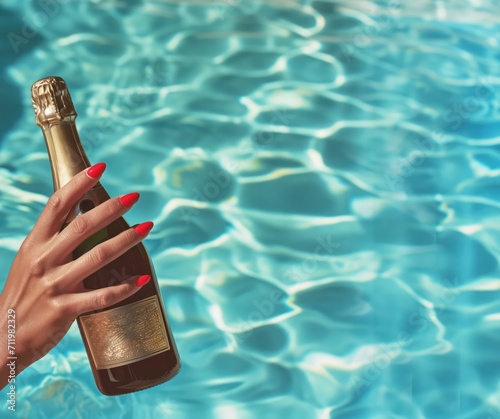 A Woman's Hand Holding A Bottle of Champagne at a Swimming Pool, Champagne Bottle Lifestyle Mock Up, Summer Drinking photo