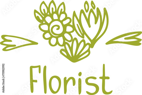 Heart-shaped floral design with two leaves and handwritten text Florist . Cre...