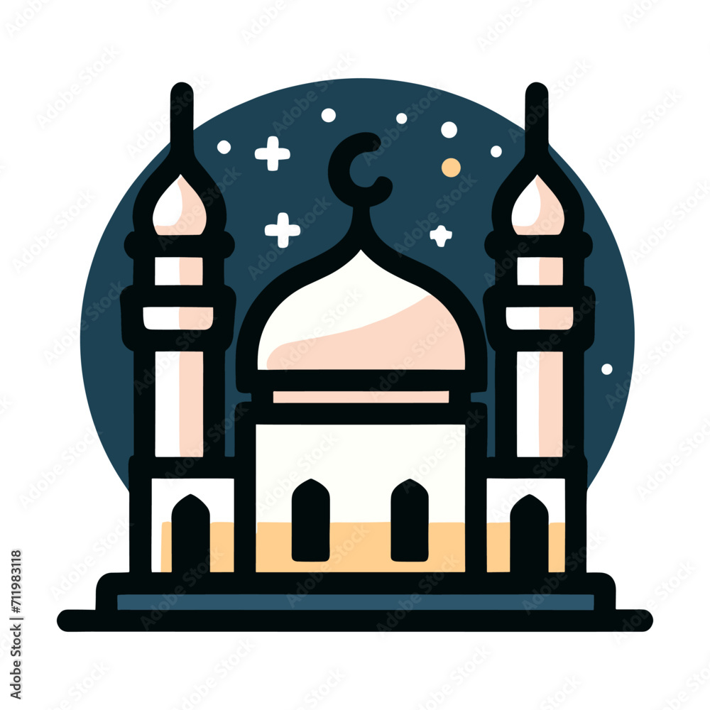 Obraz premium A line art illustration of a mosque with a crescent moon and a minaret. The mosque is simple in design, with a single dome and two minarets. The crescent moon is a symbol of Islam, and the minaret is 