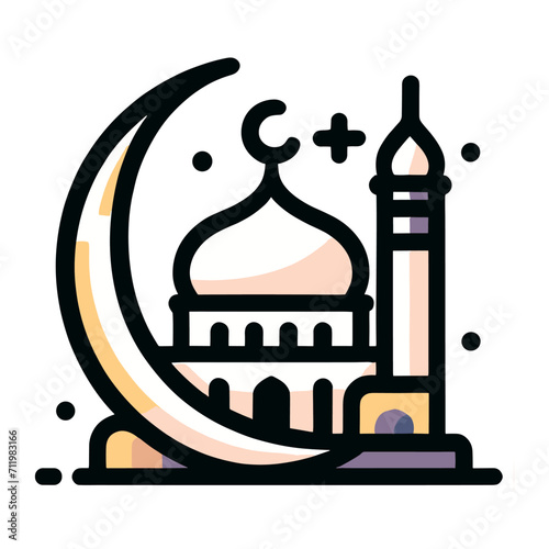 A line art illustration of a mosque with a crescent moon and a minaret. The mosque is simple in design, with a single dome and two minarets. The crescent moon is a symbol of Islam, and the minaret is 