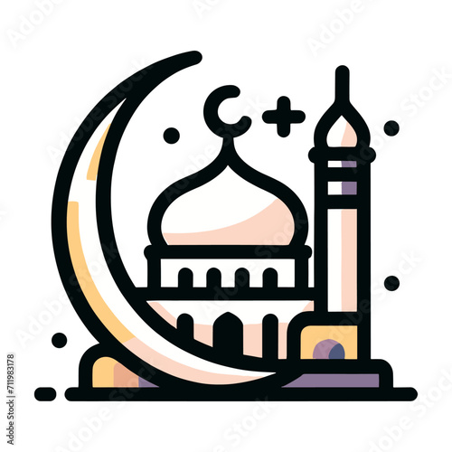 A line art illustration of a mosque with a crescent moon and a minaret. The mosque is simple in design, with a single dome and two minarets. The crescent moon is a symbol of Islam, and the minaret is 
