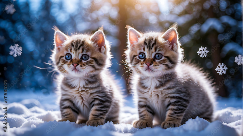 Cute gray Kittens are sitting in the snow, and delicate are falling around