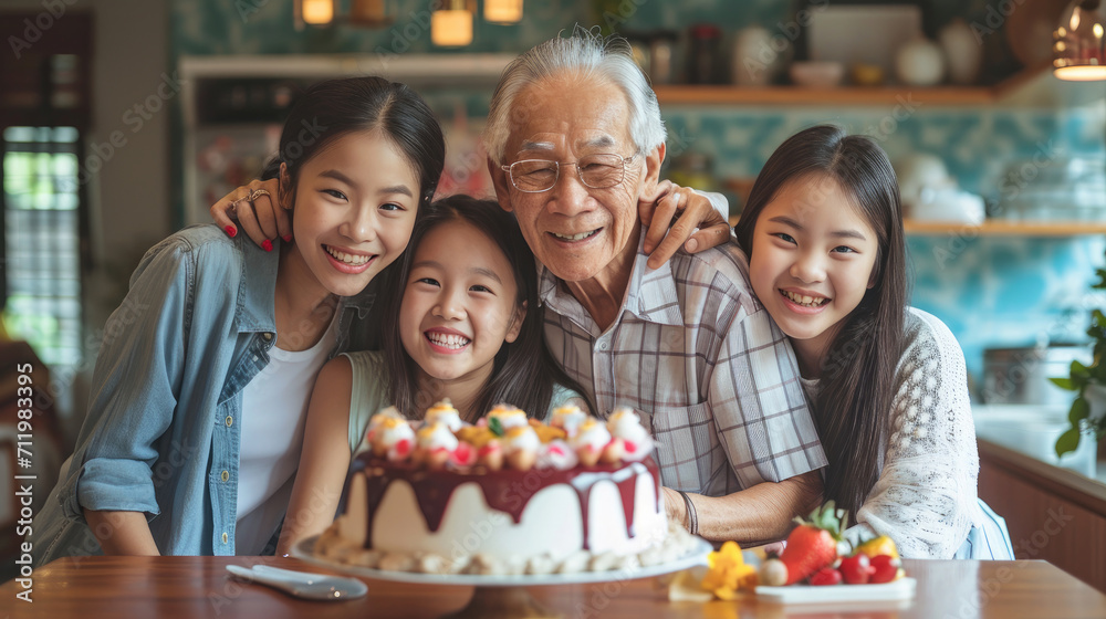 Happy three-generation Asian family celebrating Grandpa's birthday at home