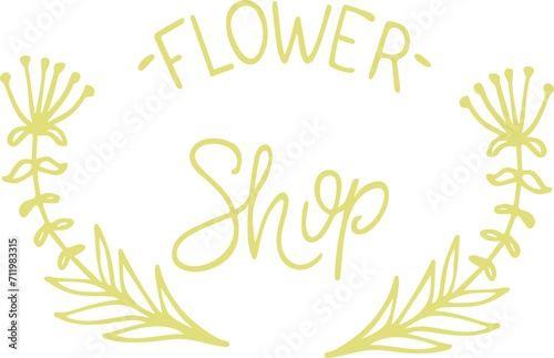Golden text Flower Shop with decorative leaves. Floral design for branding  logo. Flower boutique  gardening business vector illustration.