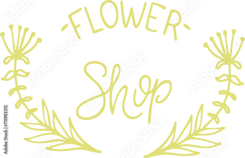 Golden text Flower Shop with decorative leaves. Floral design for branding, l...