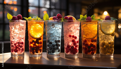 Refreshing cocktail with ice, fruit, lime, and citrus flavors generated by AI