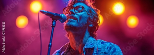 An image of a man singing while holding a microphone among neon lights