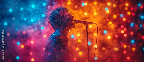 An image of a man singing while holding a microphone among neon lights