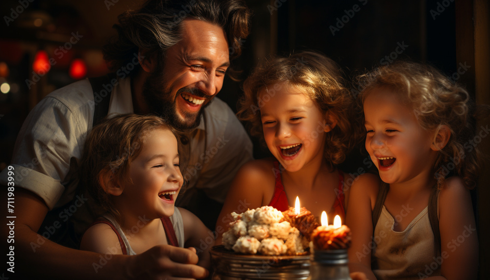 A happy family celebrating a birthday, enjoying food and laughter generated by AI