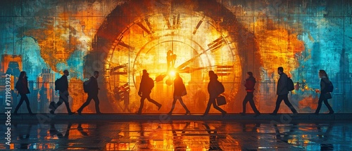 People strolling in a business setting with a time clock superimposed