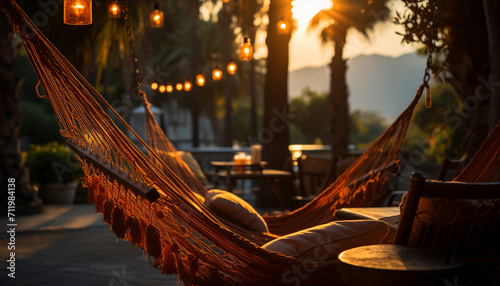 Relaxation in nature, hammock under tree, tranquil sunset, comfortable vacation generated by AI