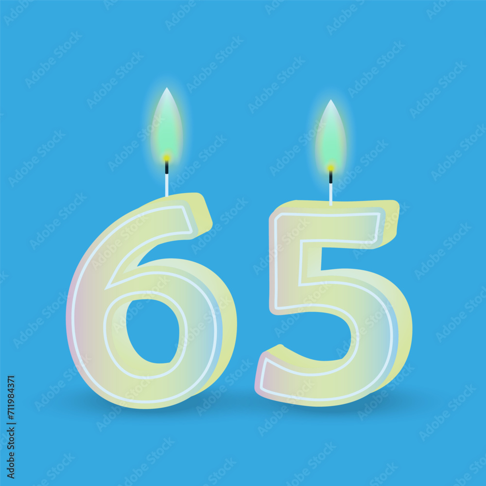 Birthday number sixty five, candle with fire. 3D number 65. Vector illustration. EPS 10. Birthday number sixty five, candle with fire. 3D number 65. Vector illustration. EPS 10.