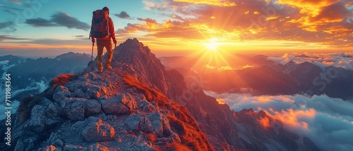 A helping hand up the cliff by hikers ascending a mountain. Collaboration and the idea of never giving up
