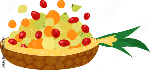 Colorful fruit salad in pineapple bowl with mixed berries, citrus pieces. Healthy summer dessert with fresh ingredients. Tropical fruit salad, nutritious snack vector illustration.
