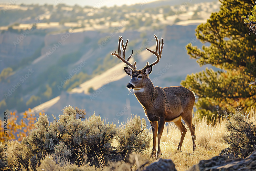 A majestic male mule deer with prominent antlers. A majestic male mule deer with prominent antlers.