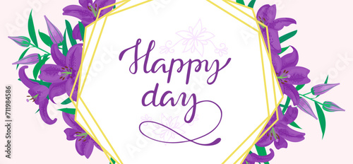 Purple lilies with green leaves in a gold frame, pink background, Happy day t...