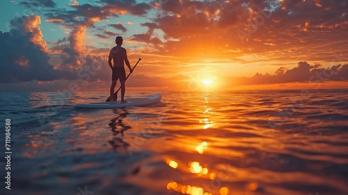 A man is stand-up paddling.