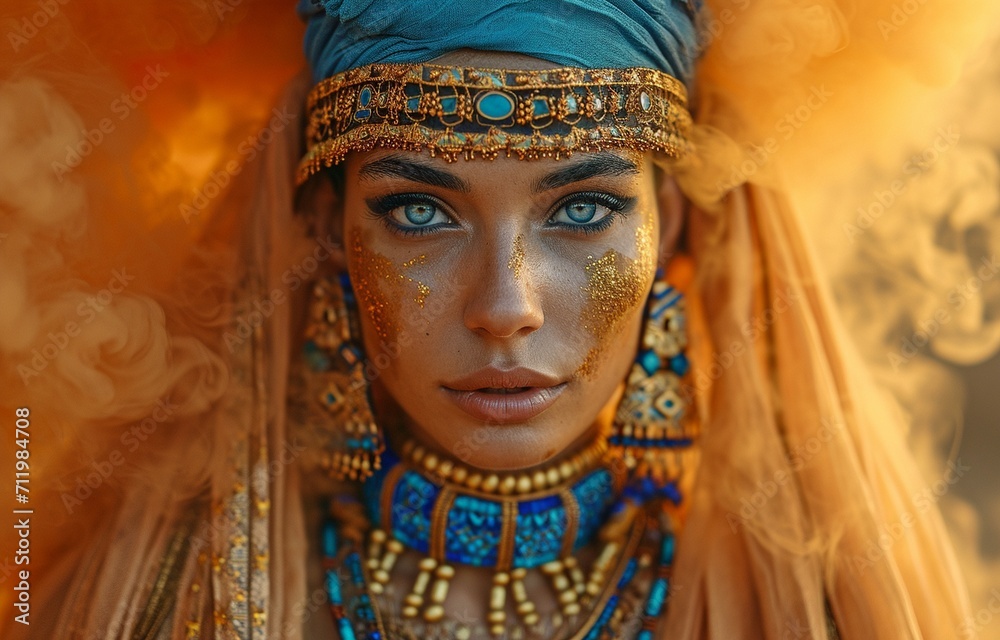 Ancient Egyptian princess idea for a girl. Young lady posing against a backdrop of orange smoke in the dark