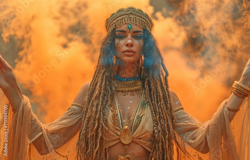 Ancient Egyptian princess idea for a girl. Young lady posing against a backdrop of orange smoke in the dark photo