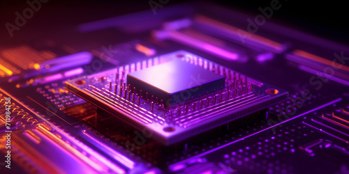 neon integrated circuit on violet background photo